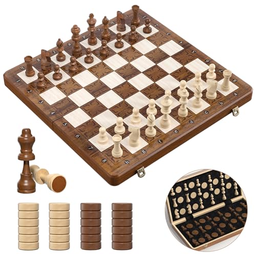 Paome 2 in 1 Schachspiel, 38x38cm Schachspiel Holz mit 32 Schachen+2 zusätzliche Königinnen+24 Damesteinen, Faltbares magnetisches schachspiel, schachspiel hochwertig von Paome