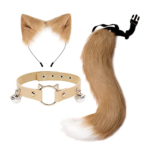 Paowsietiviity Niedliche Katzenohren Schwanz Cosplay Halloween Plüsch Stirnband Party Erwachsene Erwachsene Braun Kahki 3 Stück von Paowsietiviity