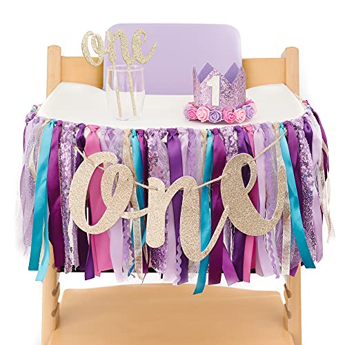 PapaKit Baby Mädchen Sparkling Purple 1.Geburtstag Hochstuhl Premium Deko Set (Kronenhut, Tortenaufsatz, Banner, Girlande) von PapaKit