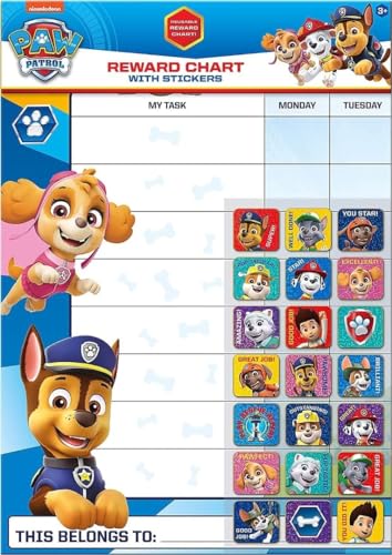 Paper Projects 01.70.30.024 Paw Patrol Belohnungstafel für den Alltag und 56 glitzernde Aufkleber, Mehrfarbig, 29.7cm x 42cm von Paper Projects