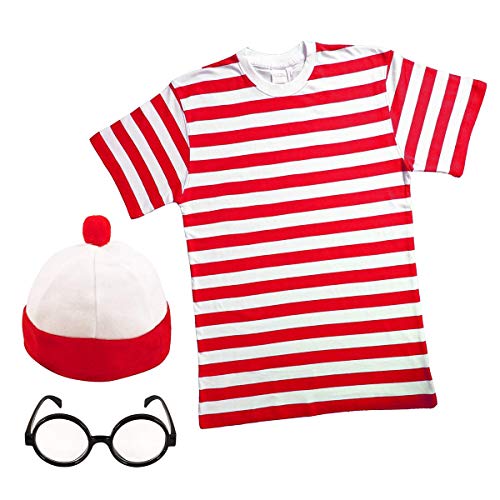 MENS LADIES RED & WHITE STRIPED TSHIRT HAT & GLASSES Fancy Dress (Size: Large) by PAPER UMBRELLA von Paper Umbrella