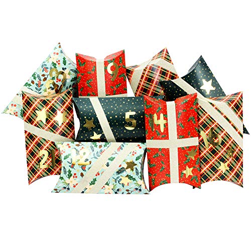 Papierdrachen 24 Adventskalender Pillowboxen - mit Washitape und goldenen Zahlenaufklebern - 24 Kissenschachteln aus Karton - DIY Adventskalender zum Befüllen und Gestalten von Papierdrachen