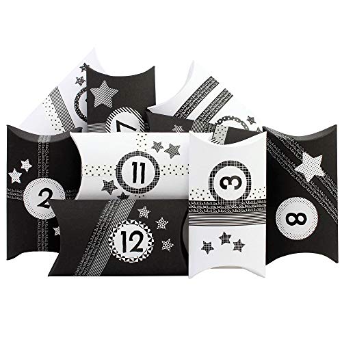 Papierdrachen 24 Adventskalender Pillowboxen - mit Washitape und schwarzweißen Zahlenaufklebern - 24 Kissenschachteln - zum individuellen Befüllen und Gestalten von Papierdrachen