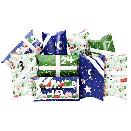 Papierdrachen 24 Adventskalender Pillowboxen - mit Washitape und silbernen Zahlenaufklebern - 24 Kissenschachteln aus Karton - DIY Adventskalender zum Befüllen und Gestalten von Papierdrachen