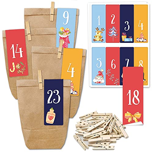 Papierdrachen Adventskalender zum Befüllen - 24 Geschenktüten und 24 Zahlenaufkleber und Klammern - Motiv Cozy Christmas - zum selber füllen und basteln - Weihnachten - Mini Set Nr 271 von Papierdrachen