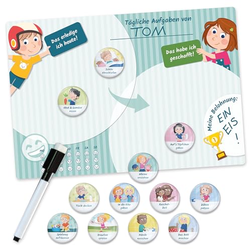 Papierdrachen Magnettafel-Basis-Set Tagesablauf für Kinder - Strukturierte Routine, Belohnungssystem, Wiederverwendbare Belohnungstafel mit 12 Magneten | 3 Erweiterungssets Verfügbar von Papierdrachen