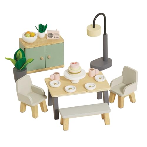 Le Toy Van ME056 Holzmöbel-Set mit Esstisch, Stühlen, Großvateruhr, Kommode und Teeset, ideal für 10-15 cm große Puppen, Daisylane Esszimmer von Le Toy Van