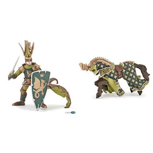 Papo-Lot de 2 Figurines - Collection Médieval - Fantastique - Maître des Armes cimier Dragon + Cheval du maître des Armes cimier Dragon von Papo