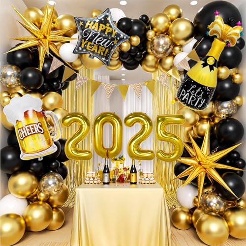 ParPix 101 Stk Luftballons Silvester Deko 2025 Party Set,Deko Silvester Ballons,Happy New Year Deko Gold,Glitzervorhang Folienballon Silvester Dekoration,Silvester Party Deko Luftballon,Neujahr Ballon von ParPix