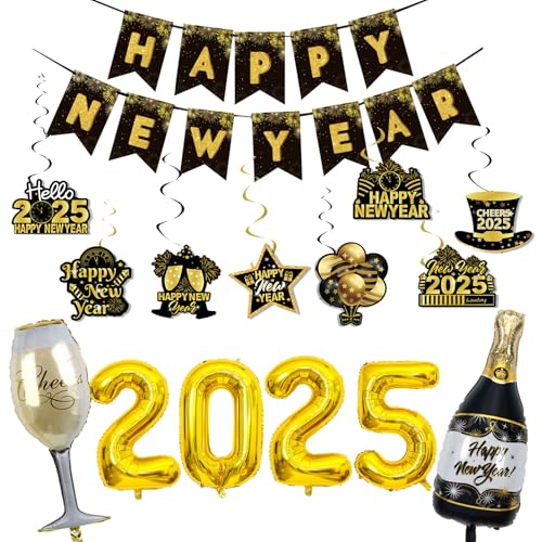 ParPix Luftballons Silvester Deko 2025 Girlande Spiral Set, Deko Silvester Ballons, Happy New Year Deko 2025,Folienballon Silvester Luftballon Dekoration,Silvester Party Deko Luftballon,Neujahr Ballon von ParPix