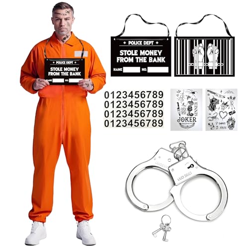 Pardofelis Häftling Kostüm Herren, Sträfling Kostüm Gefangener Kostüm Herren, Gefängnis Kostüm Orangener Overall mit Handschellen Namensschild Aufkleber für Halloween Karneval Prisoner Cosplay (L) von Pardofelis