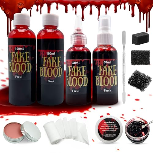 Pardofelis Kunstblut Halloween Set, Kunstblut für Haut SFX Makeup, Wundeschorf Blutspray Spritzer Kunstblut Dickflüssig Schwamm Hautwach Schaber Verbandstoff für Halloween Kostüm von Pardofelis