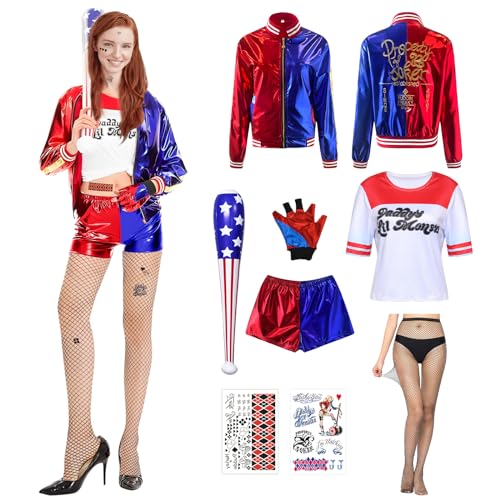 Pardofelis Quinn Cosplay Kostüm für Erwachsene, Halloween Kostüm Suicide Mädchen Bösewicht Kit Enthalten Jacke T-Shirt Shorts Handschuh und Bösewicht für Halloween Karneval (L) von Pardofelis