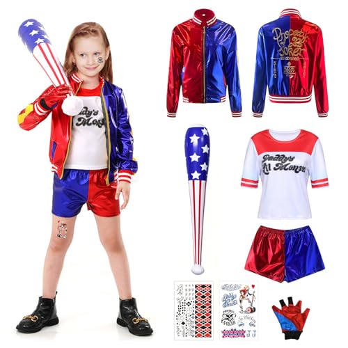 Pardofelis Quinn Cosplay Kostüm für Kinder, Halloween Kostüm Cosplay Suicide Mädchen Bösewicht Kit mit Jacke, T-Shirt, Shorts, Handschuh und Bösewicht für Halloween Karneval (110) von Pardofelis