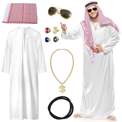 Pardofelis Scheich Kostüm Herren, Araber Kostüm, Arabisches Weißes Gewand mit Kopftuch Finger Ring Halsketten Sonnenbrillen, Karneval Scheich Kostüm Set für Fasching Party Cosplay (L) von Pardofelis