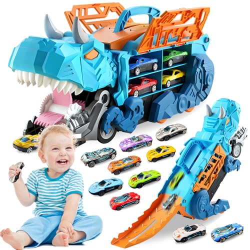 Pardofelis Transport Truck Spielzeugautos für Jungen im Alter von 3 4 5 6 7 Jahren, Tragbares Dinosaurier Truck Spielzeugauto mit 10 Rennautos, Autotransporter Spielzeug Set für Kinder, Hellblau von Pardofelis