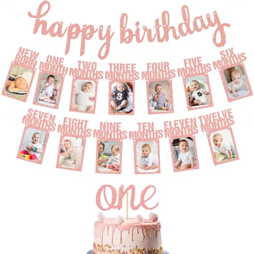 1. Geburtstag Baby Foto Banner Geburtstag Girlande Banner, Ersten Geburtstag Deko für Mädchen Neugeborene bis 12 Monate, Ersten Geburtstag Foto Banner Bunting Girlande mit One Cake Topper (Rosegold) von Paready