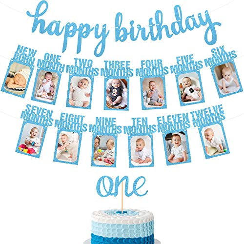 1. Geburtstag Baby Foto Banner Geburtstag Girlande Banner, Ersten Geburtstag Deko für Neugeborene bis 12 Monate, Monatliche Meilenstein Bunting Ersten Geburtstag Banner mit One Cake Topper (Blau) von Paready