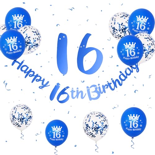 16 Geburtstag Deko, Happy Birthday Girlande Blau 16 Geburtstag Junge Mädchen, Geburtstag Banner Blau 16. Geburtstag Luftballons Konfetti Ballons 16 Happy Birthday Banner für 16. Geburtstag Party Deko von Paready