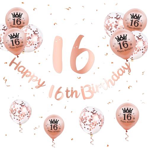 16 Geburtstag Deko Mädchen, Happy Birthday Girlande Rosegold 16 Geburtstag Banner 16. Geburtstag Luftballons Rose Gold Ballons 16. Geburtstagsdeko 16 Happy Birthday Banner für Mädchen 16. Geburtstag von Paready