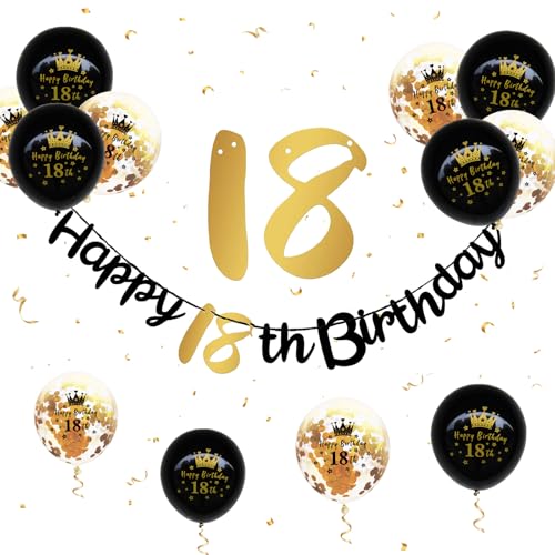 18 Geburtstag Deko, Schwarz Gold 18 Geburtstag Banner Geburtstagsdeko Luftballons 18. Geburtstag Junge Mädchen Gold Konfetti Ballons 18 Happy Birthday Banner für 18. Geburtstag Party Jubiläum Deko von Paready