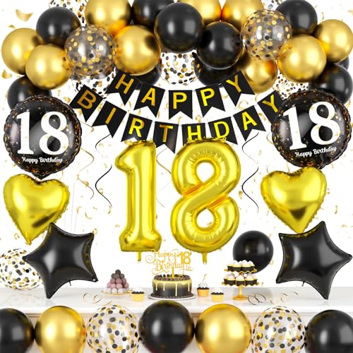 18. Geburtstagdeko, Deko 18. Geburtstag Junge Mädchen, Schwarz Gold Luftballons 18 Geburtstag Konfetti Ballons mit 18 Jahre Happy Birthday Banner Tortendeko für Mädchen Junge 18. Geburtstag Party Deko von Paready