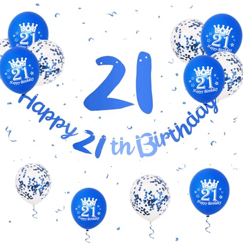 21 Geburtstag Deko, Happy Birthday Girlande Blau 21 Geburtstag Männer Frauen, Geburtstag Banner Blau 21. Geburtstag Luftballons Konfetti Ballons 21 Happy Birthday Banner für 21. Geburtstag Party Deko von Paready