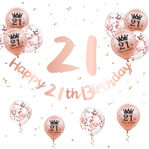 21 Geburtstag Deko Frauen, Rosegold 21 Geburtstag Banner 21. Geburtstag Luftballons Rose Gold Konfetti Ballons 21. Geburtstagsdeko 21 Happy Birthday Banner für Frauen 21. Geburtstag Jubiläum Deko von Paready