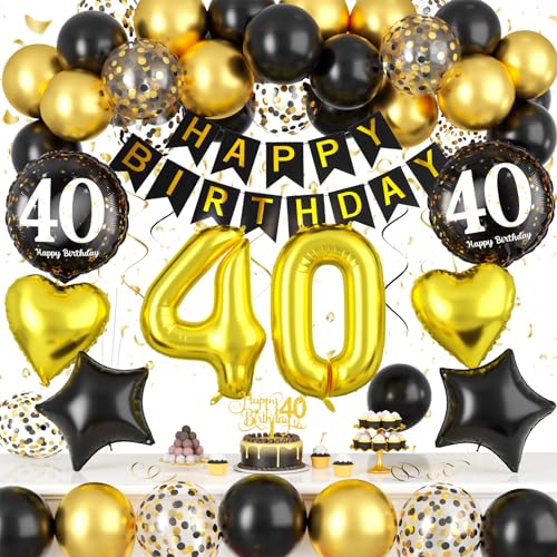 40. Geburtstagdeko, Deko 40. Geburtstag Mann Frauen, Schwarz Gold Luftballons 40 Geburtstag Konfetti Ballons mit 40 Jahre Happy Birthday Banner Tortendeko für Frauen Männer 40. Geburtstag Party Deko von Paready