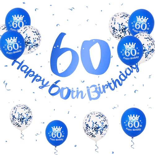 60 Geburtstag Deko, Happy Birthday Girlande Blau 60 Geburtstag Männer Frauen, Geburtstag Banner Blau 60. Geburtstag Luftballons Konfetti Ballons 60 Happy Birthday Banner für 60. Geburtstag Party Deko von Paready