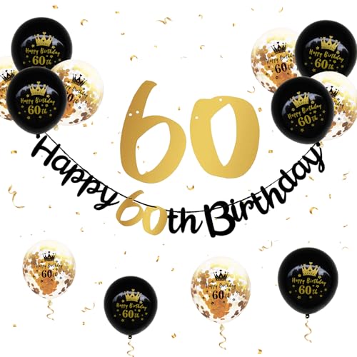 60 Geburtstag Deko, Happy Birthday Girlande Schwarz Gold 60 Geburtstag Banner Geburtstagsdeko Luftballons 60. Geburtstag Männer Frauen 60 Happy Birthday Banner für 60. Geburtstag Party Jubiläum Deko von Paready