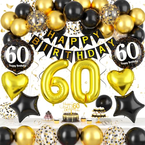 60. Geburtstagdeko, Deko 60. Geburtstag Mann Frauen, Schwarz Gold Luftballons 60 Geburtstag Konfetti Ballons mit 60 Jahre Happy Birthday Banner Tortendeko für Frauen Männer 60. Geburtstag Party Deko von Paready