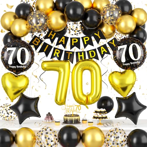 70. Geburtstagdeko, Deko 70. Geburtstag Mann Frauen, Schwarz Gold Luftballons 70 Geburtstag Konfetti Ballons mit 70 Jahre Happy Birthday Banner Tortendeko für Frauen Männer 70. Geburtstag Party Deko von Paready