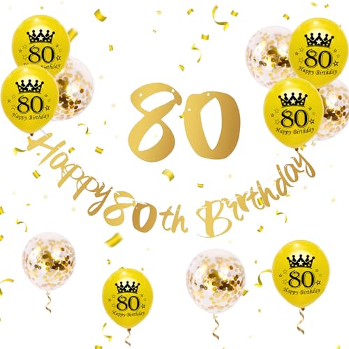 80 Geburtstag Deko, Gold 80 Geburtstag Banner Geburtstagsdeko Luftballons 80. Geburtstag Männer Frauen Gold Konfetti Ballons 80 Happy Birthday Banner für 80. Geburtstag Party Jubiläum Deko von Paready