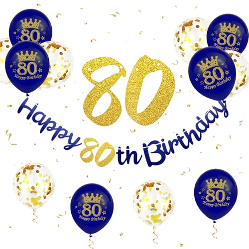 Paready 80 Geburtstag Deko Männer, Blau Gold 80 Geburtstag Banner 80. Geburtstag Luftballons Gold Konfetti Ballons 80. Geburtstagsdeko 80 Happy Birthday Banner für Männer 80. Geburtstag Jubiläum Deko von Paready