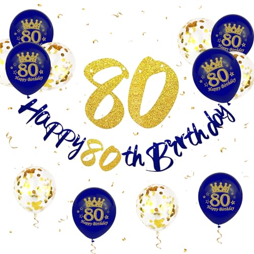 Paready 80 Geburtstag Deko Männer, Blau Gold 80 Geburtstag Banner 80. Geburtstag Luftballons Gold Konfetti Ballons 80. Geburtstagsdeko 80 Happy Birthday Banner für Männer 80. Geburtstag Jubiläum Deko von Paready