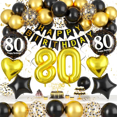 80. Geburtstagdeko, Deko 80. Geburtstag Mann Frauen, Schwarz Gold Luftballons 80 Geburtstag Konfetti Ballons mit 80 Jahre Happy Birthday Banner Tortendeko für Frauen Männer 80. Geburtstag Party Deko von Paready