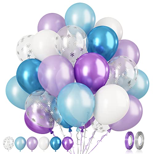 Frozen Luftballons Set, 60 Stück Helium Ballons Lila Blau Metallic Luftballons Schneeflocke Konfetti Ballons für Frozen Thema Party Eis Schnee Prinzessin Thema Geburtstag Wonderland Party Deko von Paready