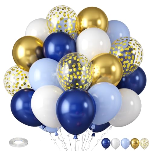 Luftballons Blau Gold Weiß, Geburtstag Luftballon Dunkel Marine Blau Gold Metallic, Pastell Blau Weiß Gold Konfetti Ballons für Babyparty Geburtstag Mädchen Junge Hochzeit Verlobungen Deko von Paready