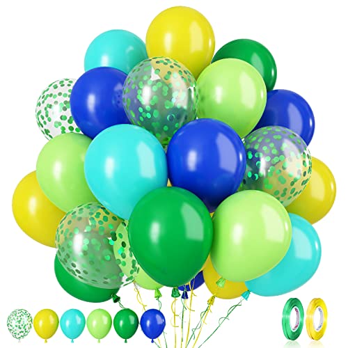 Luftballons Grüne und Blaue, 60 Stück 12 Zoll Marineblau Teal Blau Dunkelgrüne Latexballons, Türkis Gelb Hellgrüne Konfetti Luftballons für Dschungel Dinosaurier Deko, Graduierung, Babyparty von Paready