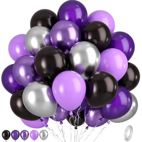 Luftballons Lila Schwarz Silber, 50 Stück 12 Zoll Lila Schwarz Ballons, Metallic Lila Silber Schwarze Ballons für Hochzeit Geburtstag Halloween Party Brautparty Jahrestag Dekoration von Paready