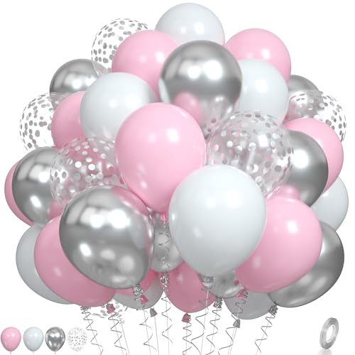 Luftballons Rosa Silber Ballons, Pastell Rosa Weiß Ballons Metallic Silber Weiß Partyballons Weiß Rosa Latexballons Macaron Rosa Silber Ballons für Mädchen Frauen Geburtstagskrankungen Absolventen von Paready