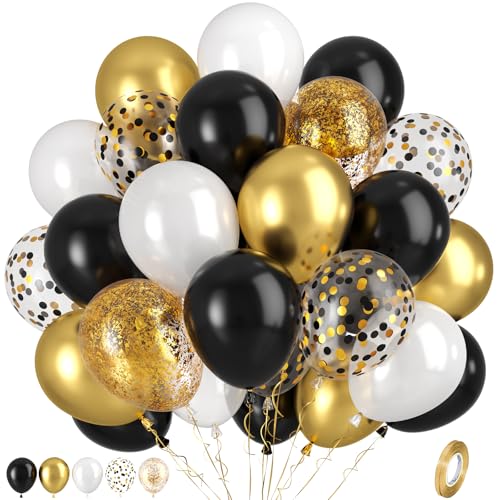 Luftballons Schwarz Gold Weiß, 50 Stück Schwarz Gold Ballons, Goldene Konfetti-Ballons, Schwarze Und Goldene Konfetti-Ballons FüR Hochzeit Geburtstag Party Babyparty Brautparty Jahrestag Dekoration von Paready