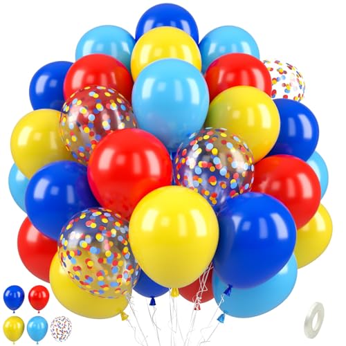 Paready Rot Gelb Blau Luftballons, 50 Stück Geburtstag Luftballon Karnevals Zirkus, 12 Zoll Königsblau Hellblau Rot Gelb Konfetti Ballon Helium für Kinder Babyparty Geburtstag Zirkus Thema Party Deko von Paready