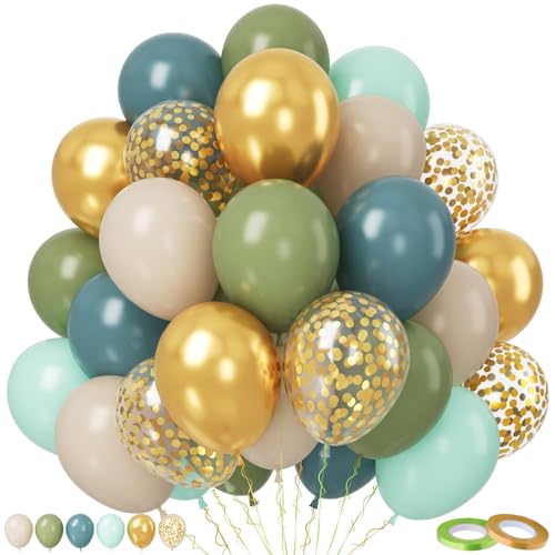 Paready Salbeigrün Blau Luftballons, 50 Stück Luftballon Geburtstag Slate Blau Grün, 12 Zoll Macagrün Sand Weiß Metallic Gold Konfetti Ballon für Babyparty Boho Geburtstagsdeko Hochzeit Urlaub Deko von Paready