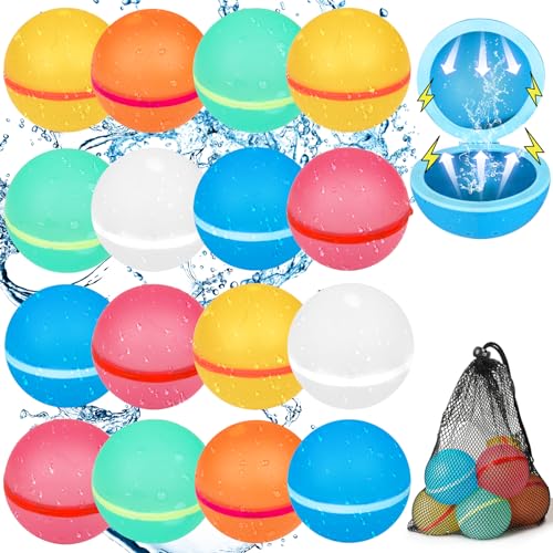 Parner 16 Stück Wasserbomben Wiederverwendbar Magnetisch mit 1 Mesh Bag, Silikon Wasserbomben Selbstschließend Wiederverwendba für Wasserspielzeug Pool Spielzeug Strandspielzeug von Parner