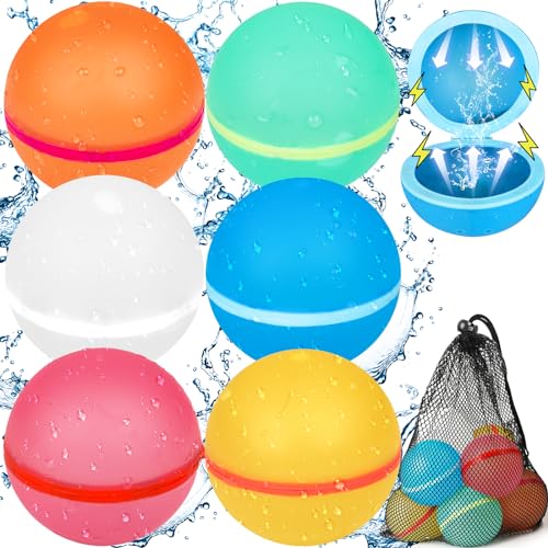 Parner 6 Stück Wasserbomben Wiederverwendbar Magnetisch mit 1 Mesh Bag, Silikon Wasserbomben Selbstschließend Wiederverwendba für Wasserspielzeug Pool Spielzeug Strandspielzeug von Parner