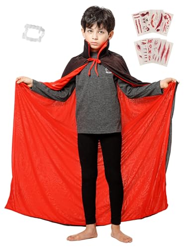 Vampir Umhang Stehkragen Kinder,Vampir Kostüm mit 120cm Vampirumhang Temporäre Tattoos und Dentures,Halloween Cape Vampir Kostüm Kinder für Halloween Cosplay Masquerade Party Kostüm von PartAwake