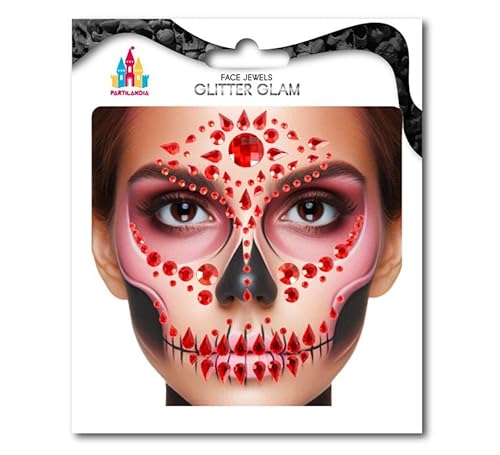 Partilandia Gesichtsschmuck Totenkopf Fashion Edelsteine Scharlachrot Erwachsene von Partilandia