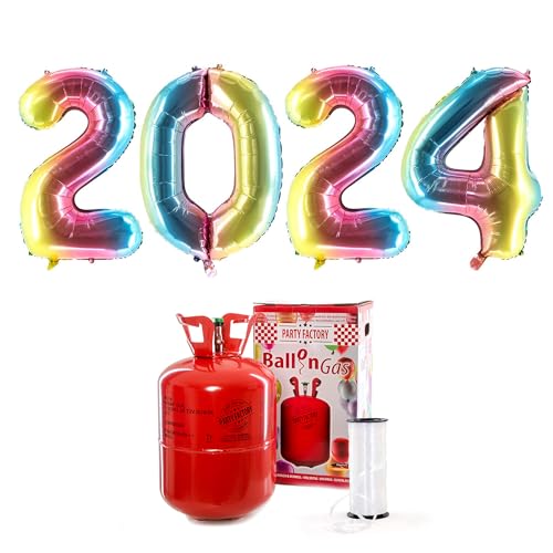 2024 XXL Zahlenballons, bunt: Set mit Helium Ballongas, Silvester Home Party von Party Factory